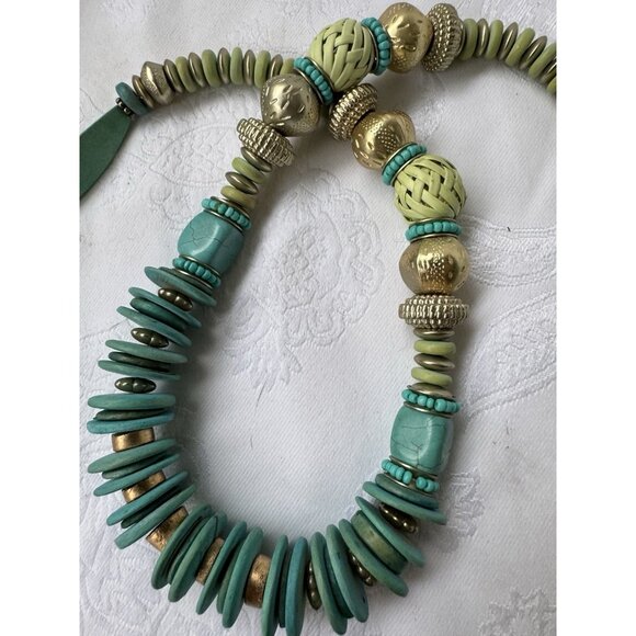 Chicos 20" Long Gold Tone Turquoise Blue Green Bead Statement Necklace NEW - Picture 4 of 11